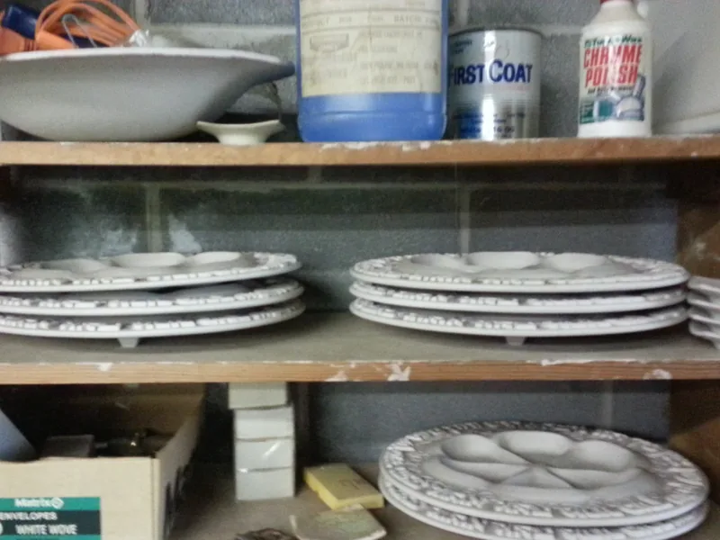 Seder plate and Elijah's cup, Plates on the studio shelves, ready to be fired